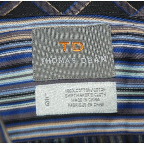 TD Thomas Dean Blue Striped Casual Button Up Shirt Size L Flip Contrast Cuff - Picture 9 of 10